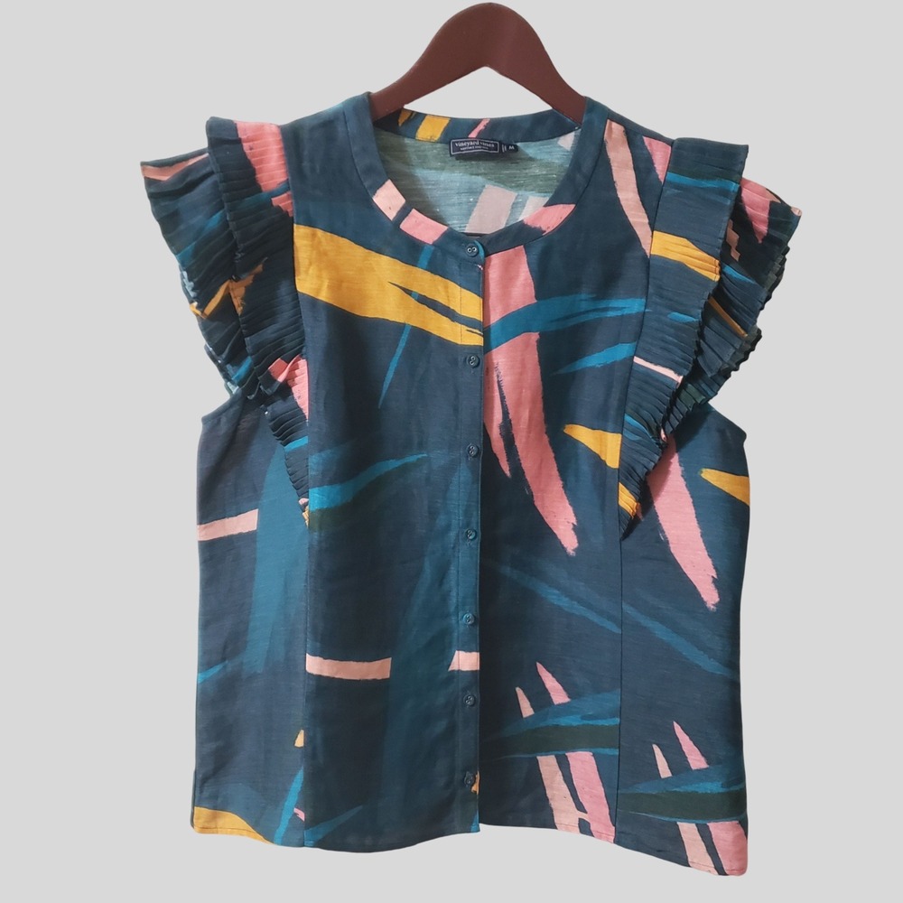Vineyard Vines Linen Silk Blend Pleated Flutter Sleeve Blouse Blue Abstract Med